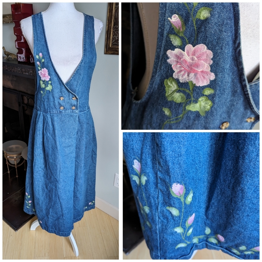 Vintage 90s Women's Medium Floral Painted On Denim Button Waist Pleated Dress